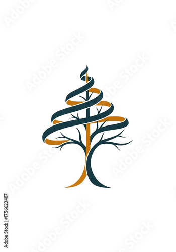 Abstract Teal and Gold Tree Logo with Spiral Design Element