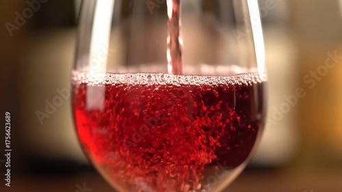 Red Wine Poured into a Glass Bubbles Rising Close Up Shot.