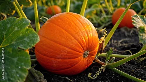 Ripe Orange Pumpkins Growing on a Vine in a Field.