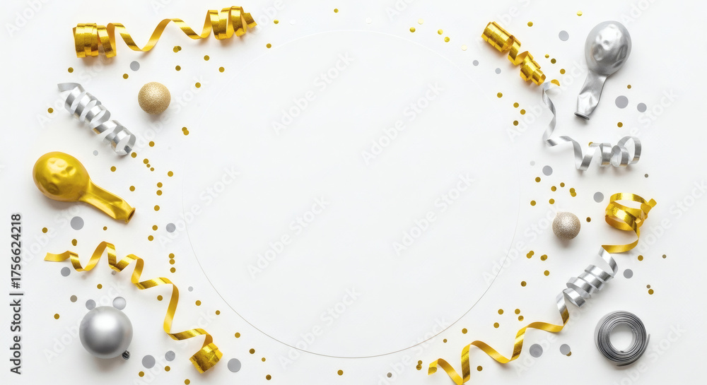Fototapeta premium Festive Gold and Silver Party Decorations Frame on White Background with Copy Space