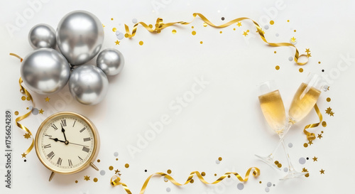 New Year s Eve Celebration Frame with Silver Balloons Champagne Flutes and Countdown Clock Copy Space