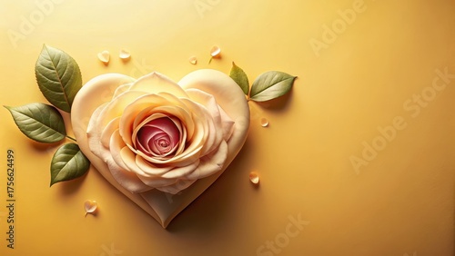Heart-Shaped Rose with Delicate Petals and Lush Green Leaves on a Warm Yellow Background