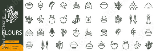 Flour Icon Set – 48 Line Style Symbols for Grains, Milling, and Culinary Ingredients