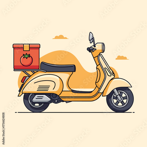Vintage yellow scooter with a red food delivery box featuring a tomato icon. Vector illustration of a moped for fast courier service and online ordering