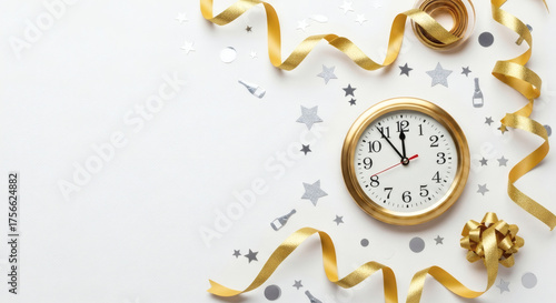Golden Clock Striking Midnight with Festive Ribbons and Confetti for New Year s Eve Celebration