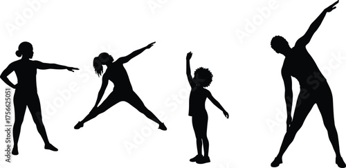 Silhouette stretching exercises, fitness workout poses, healthy lifestyle activity, flexibility training, yoga warm up, family exercise routine, wellness concept illustration