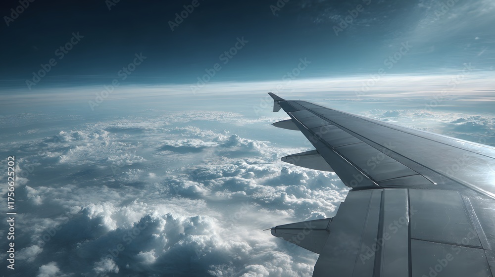 Fototapeta premium Airplane wing seen above fluffy clouds under a dark blue sky.