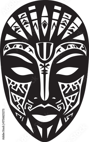 Black Silhouette of a Stylized Face Mask With Tribal Design Vector