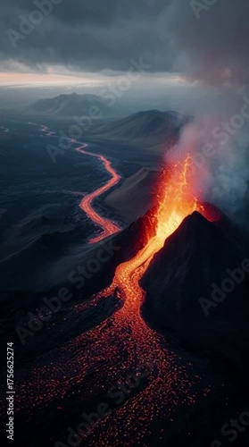 Aerial view of a volcano eruption in Iceland
