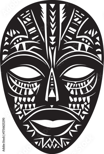 Black Silhouette of a Stylized Face Mask With Tribal Design Vector