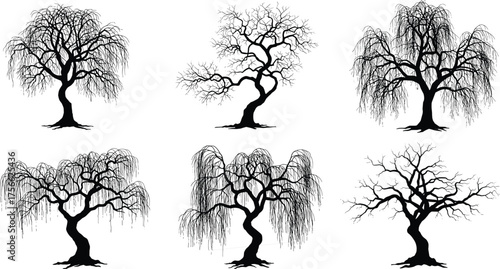 Silhouette tree collection, isolated black tree shapes, artistic forest illustration, bare branches, nature design, abstract woodland, seasonal growth, botanical diversity, vector art