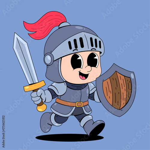 Cute Cartoon Knight with Sword and Shield