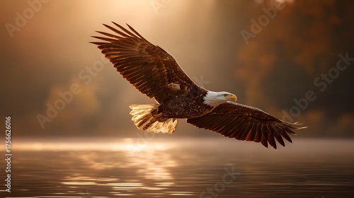 Wallpaper Mural Majestic bald eagle soars gracefully over a serene lake at sunrise. Torontodigital.ca