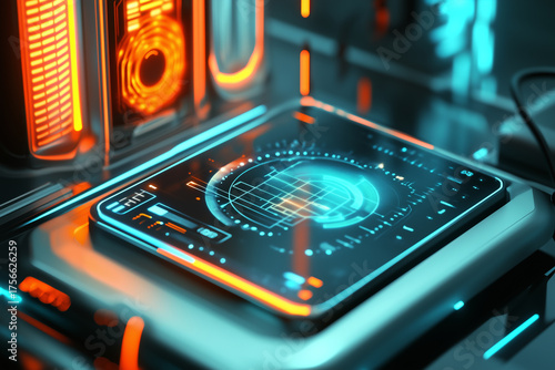 Futuristic energy control center monitoring peak power load displaying energy consumption data and graphs. 