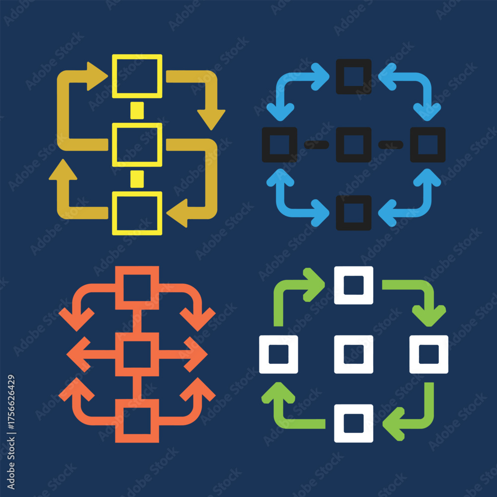 Obraz premium Four colorful flowcharts with squares and arrows on blue background diagram process