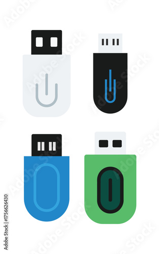 Four colorful U S B flash drives with icons on white background USB flash drive USB stick