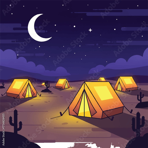 Desert camping scene with illuminated tents under a crescent moonlit sky.