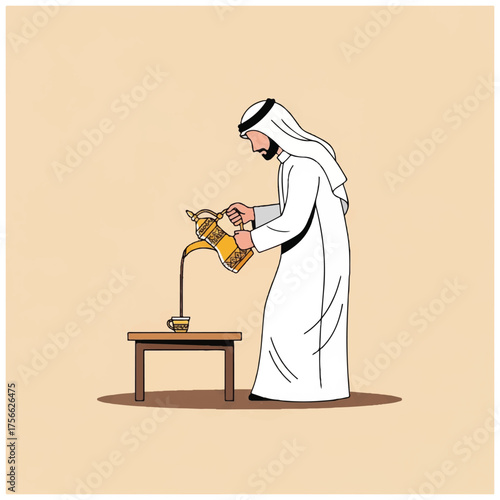 Arab man pouring coffee into a small cup on a table.