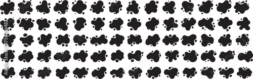 Seamless collection of bold black ink splatter shapes with organic rounded forms and scattered droplets in uniform grid layout.
