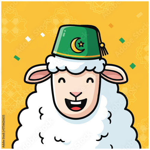 A happy cartoon sheep wearing a green fez hat for Eid alAdha.