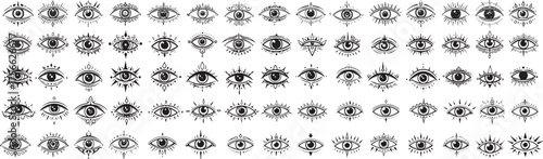 Collection of mystical hand-drawn eye symbols in ornate black line art, each with unique decorative elements like rays, teardrops, and geometric accents.