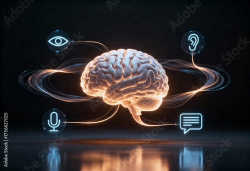 Glowing 3D digital brain surrounded by icons for vision, hearing, speech, and text representing multimodal artificial intelligence.