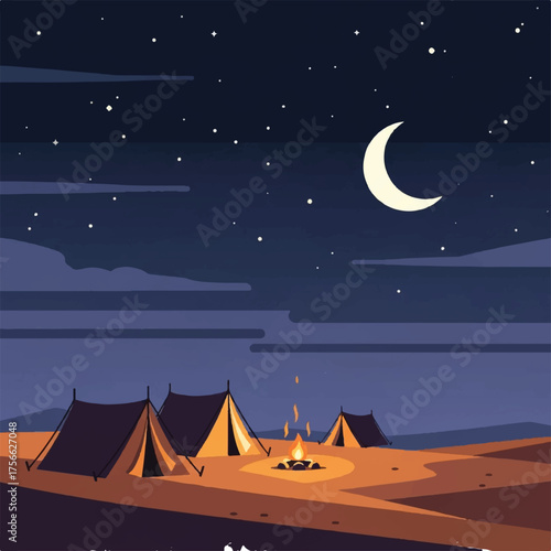 A tranquil campsite with several tents gathered around a bonfire.