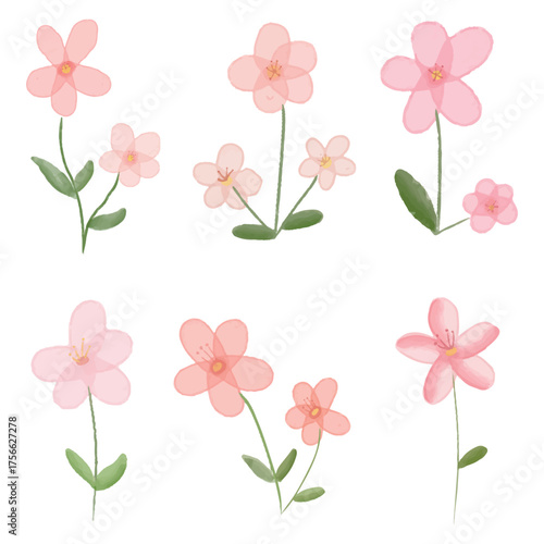 Watercolor sakura branches. Cherry blossom branch set with pink flower petals, japanese spring bloom trees hand drawing paint art vector illustration 