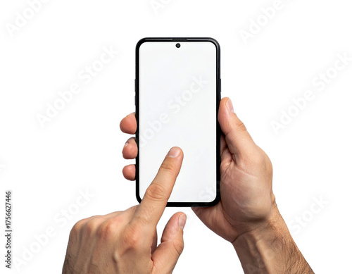 Blank phone screen mockup held by hands for app presentation on transparent background