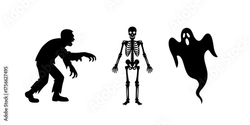 Zestaw sylwetek Halloween - zombie, szkielet i duch - ilustracja wektorowa