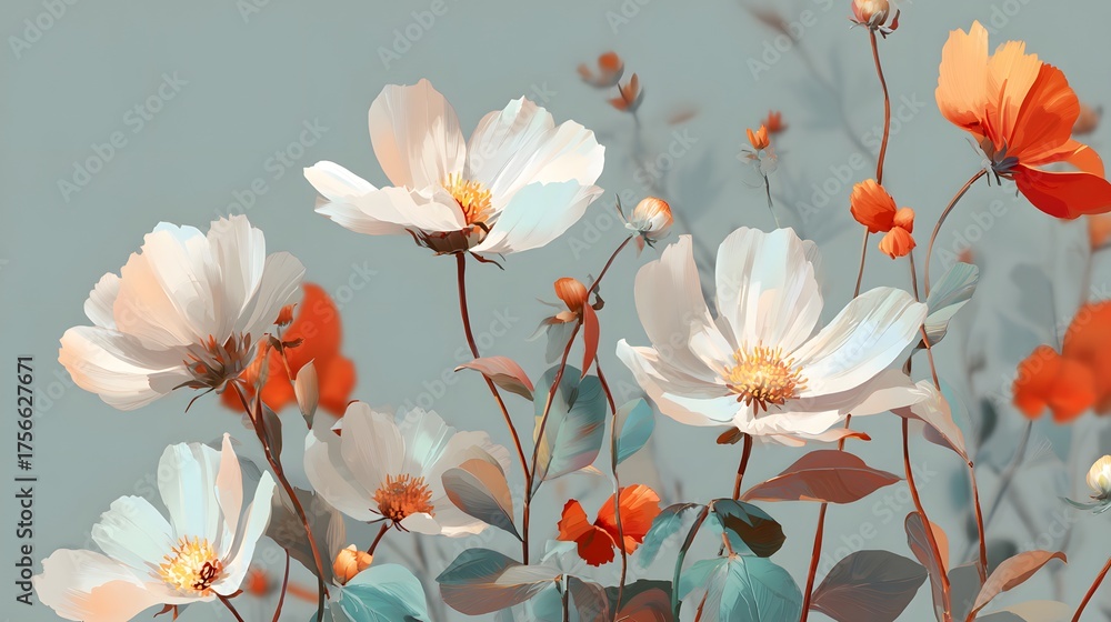 Fototapeta premium Delicate white and orange blossoms bloom against a soft blue background.