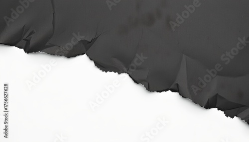 symmetrical black paper tear with rolled edge on white background, watercolor style, top position with copy space at the bottom, ideal for abstract design and website graphic element.