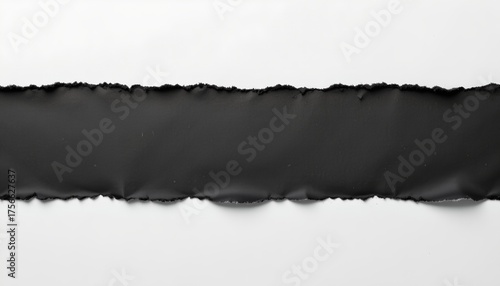 symmetrical black torn paper tear on white background, rolled edge with dark space, abstract design perfect for background use, subject at bottom with ample copy space at top, in vivid style.