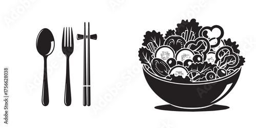 Black and White Vector Icons: Dining Utensils and Fresh Salad Bowl