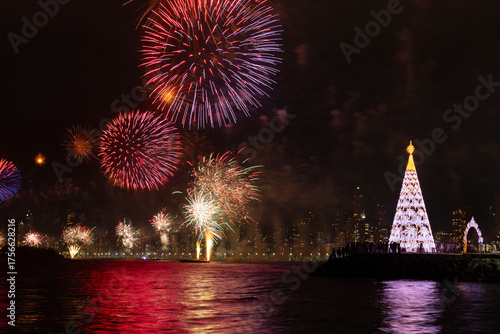 Christmas tree and fireworks on New Year's Eve in Balneario Camboriu Santa Catarina Brazil.