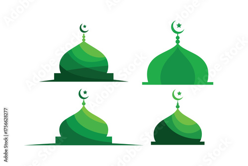 Four green Islamic mosque domes with crescent moon and star symbols vector