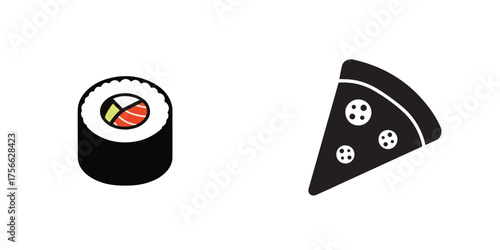 Flat Design Food Icons: Sushi Roll and Pizza Slice Illustrations