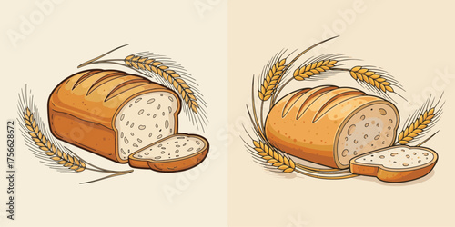 Rustic Hand-drawn Bread Loaf and Wheat Ears Cartoon Illustration