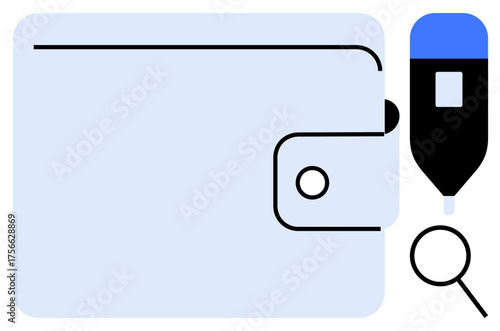 Wallet, magnifying glass, and marker representing organization, financial management, inspection, planning, and analysis. Ideal for budgeting, savings finance auditing evaluation money