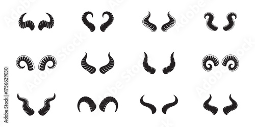 Black devil horns set fantasy and horror theme silhouette design element vector