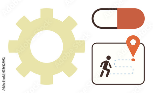 Gear for operation, capsule for healthcare, and navigation map for movement. Ideal for concepts thumbs up productivity, precision, system, health, journey technology innovation. Simple flat