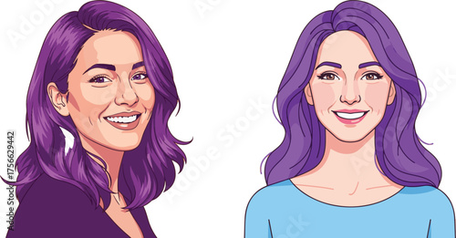 Vector Illustration of Two Smiling Women with Purple Hair