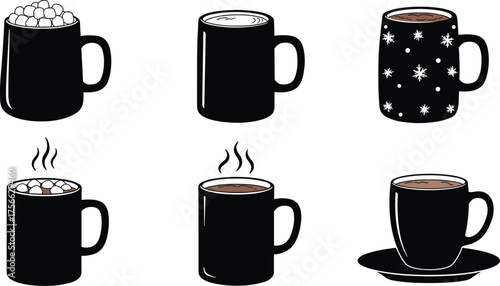 Hot beverage mug silhouette, marshmallows, steam rising, creamy swirl, snowflake design, cozy drink, winter comfort, vector art, black cup, dessert