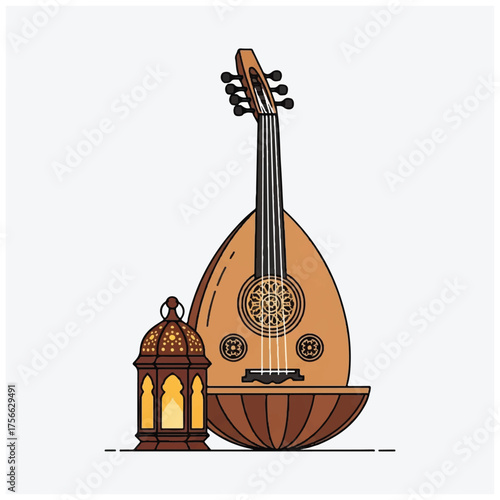 Traditional Arabic Oud musical instrument with a glowing Ramadan lantern.