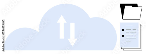 Cloud with up and down arrows showing data exchange, alongside stacks of documents and folders. Ideal for file storage, cloud computing, data transfer, document management, sharing, workflow
