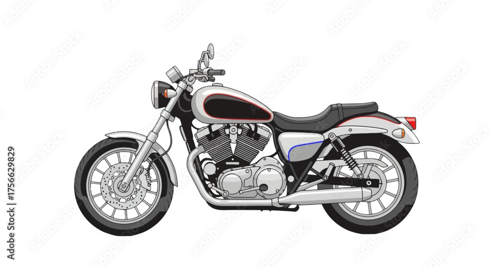 Fototapeta premium Vector illustration of a detailed motorcycle with a silver frame and black seat isolated on white background
