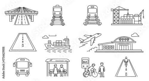 Vector  illustration showing various modes of transportation including road, rail, sea, and air travel types