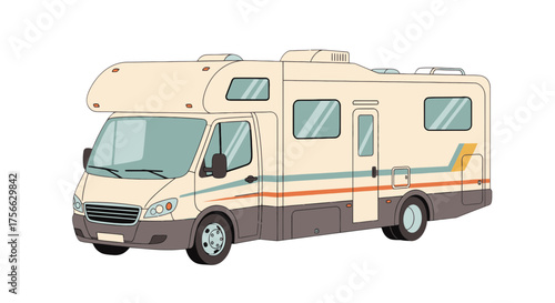 Vector  illustration of a beige and gray rv with multiple windows and a door on a white background