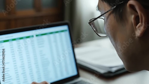 Focused person in glasses deeply analyzing complex data on a laptop screen diligently reviewing a spreadsheet for business insights and financial reports highli