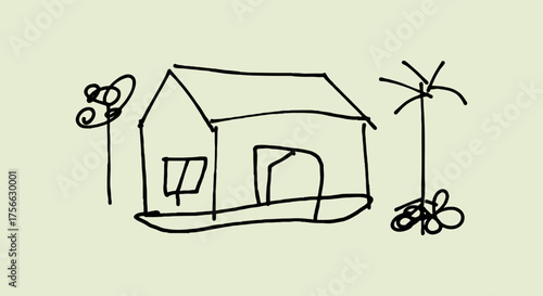 Simple childlike drawing of a house with a tree and butterfly